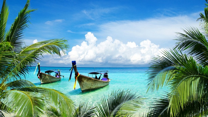 Tropical Beach with Boats and Palm Trees