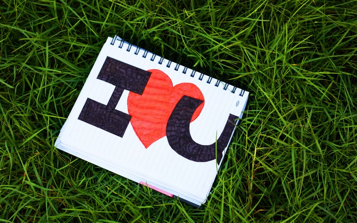 Notebook with "I Love You" drawing on grass