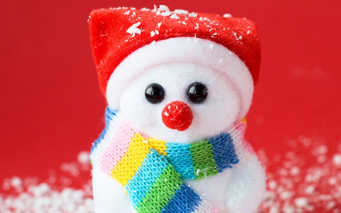 Cute snowman with red hat and colorful scarf