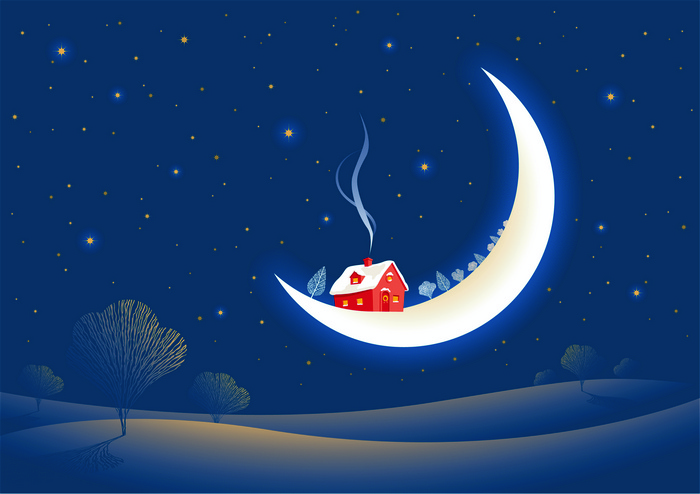 A house on a crescent moon in a starry night sky