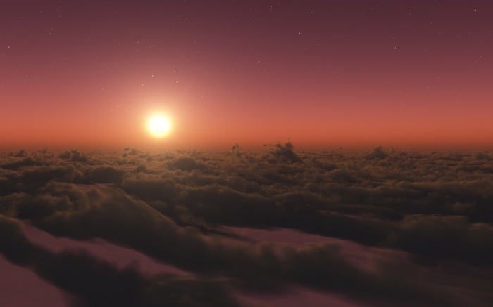 Sunset above clouds with stars