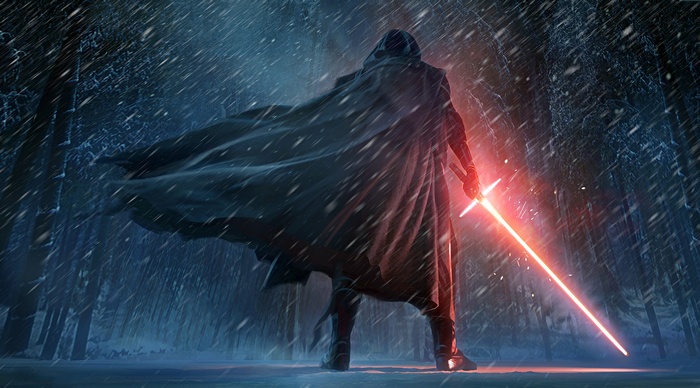 Kylo Ren from Star Wars in a snowy forest with a lightsaber