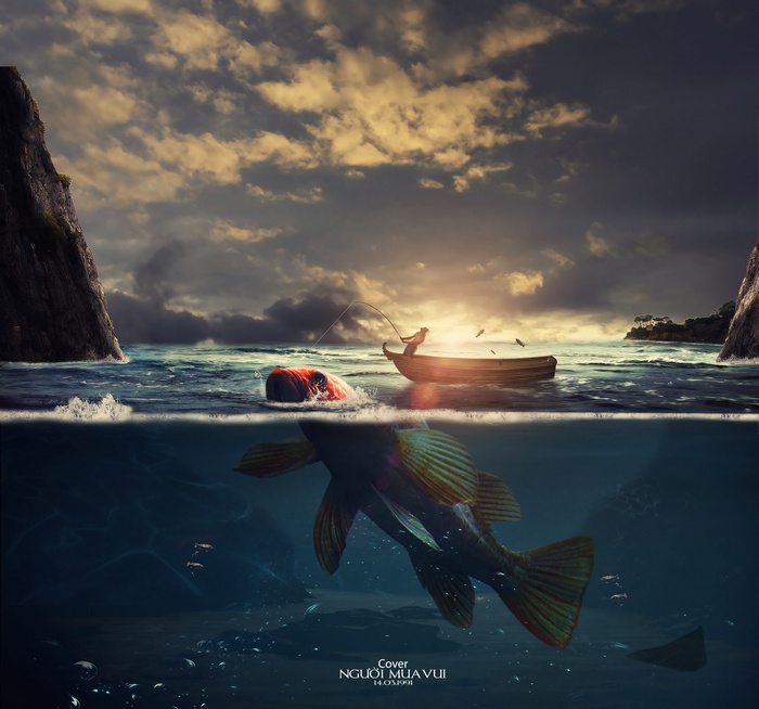 Fisherman in a boat with a large fish