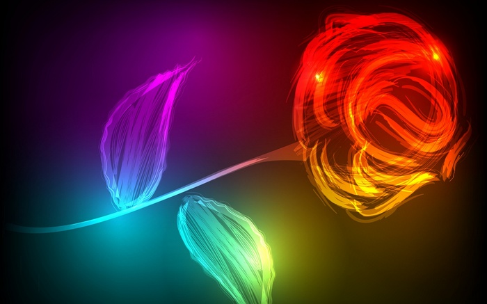 Neon rose with glowing petals and leaves