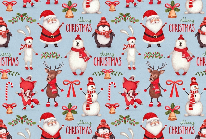 Merry Christmas pattern with Santa, Snowman, Penguin, Fox, Reindeer, Bear, and Rabbit