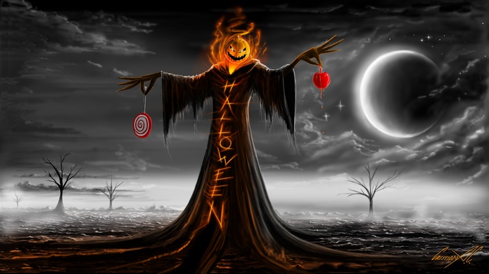 Scarecrow with Pumpkin Head and Halloween Candy
