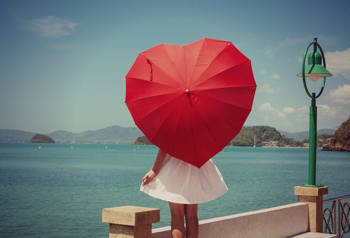 Girl with Red Heart Umbrella by the Sea 4K