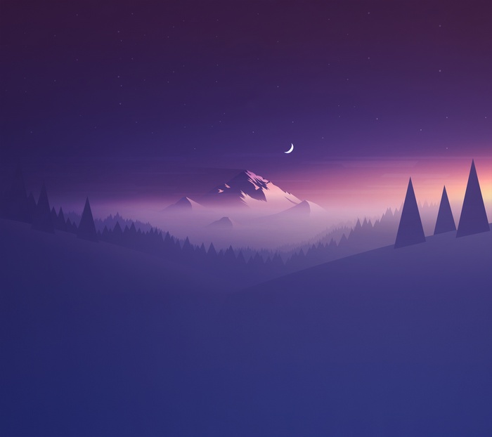 Minimalist mountain landscape with a half moon