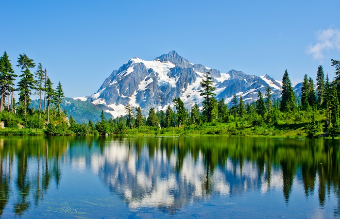 Mount Baker reflected in a lake, Washington, USA