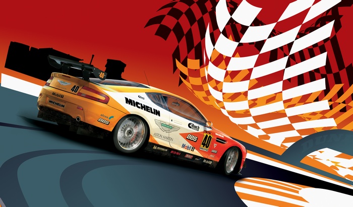 Aston Martin Racing Car with Checkered Flag