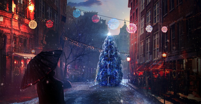Christmas Eve street with decorated tree and lights