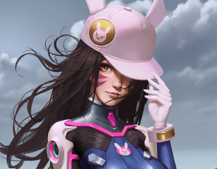 D.Va from Overwatch wearing a pink bunny hat