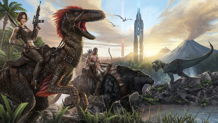ARK: Survival Evolved characters riding dinosaurs and saber-toothed cat