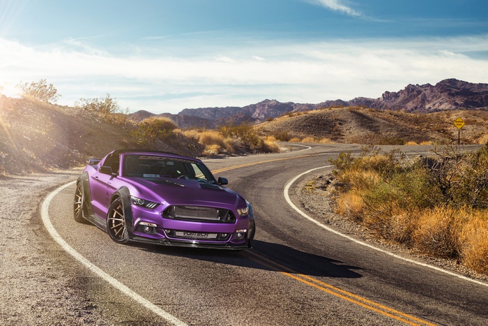 Purple Ford Mustang GT with Ferrada Wheels on Desert Road
