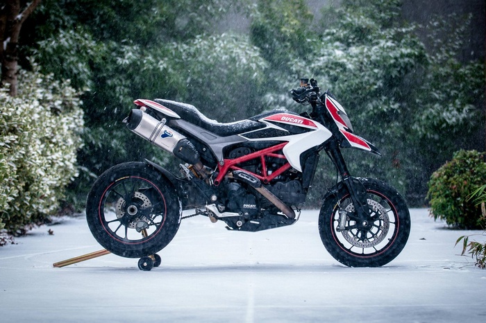 Ducati Hypermotard motorcycle in snowfall