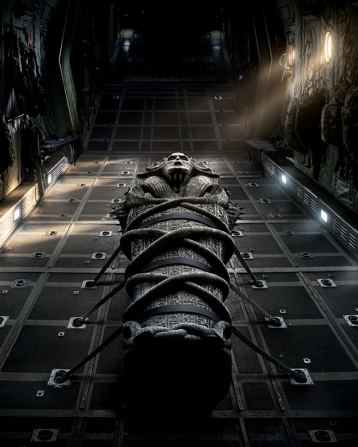 The Mummy sarcophagus in a cargo plane