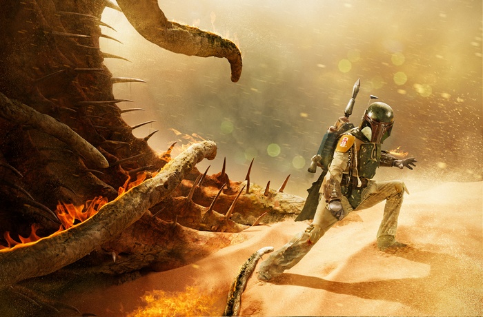 Boba Fett fighting a creature in Star Wars