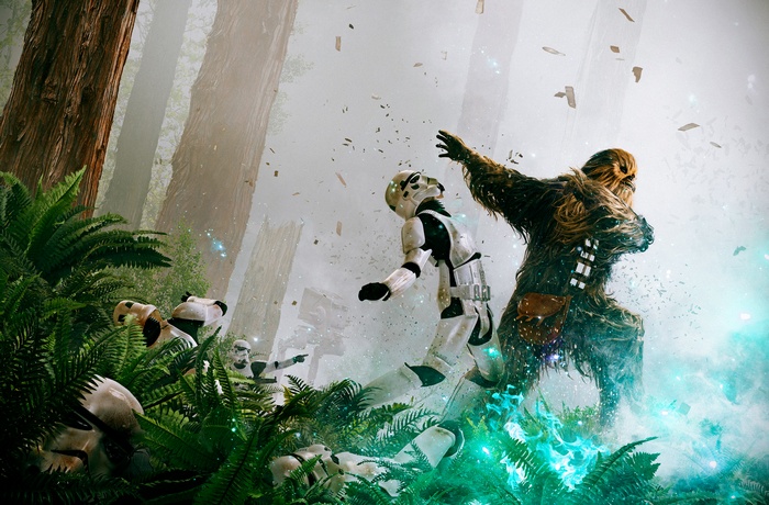 Chewbacca fighting Stormtroopers in a forest