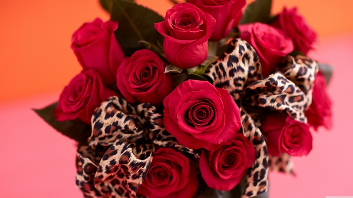 Bouquet of Red Roses with Leopard Print Ribbon
