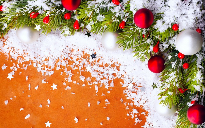 Christmas decoration with ornaments and snow