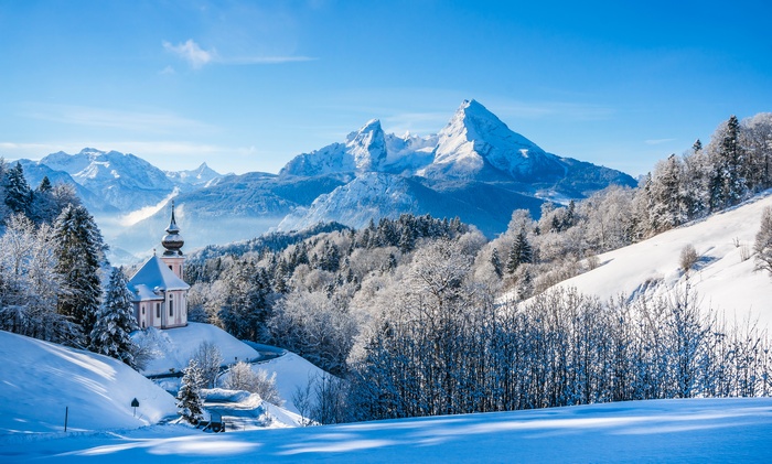 Germany, Church, 8K, Bavarian Alps, Winter landscape