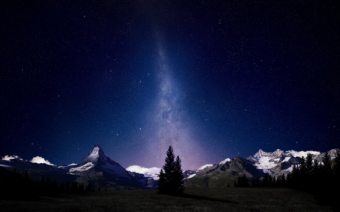 Milky Way over snow-capped mountains and pine trees