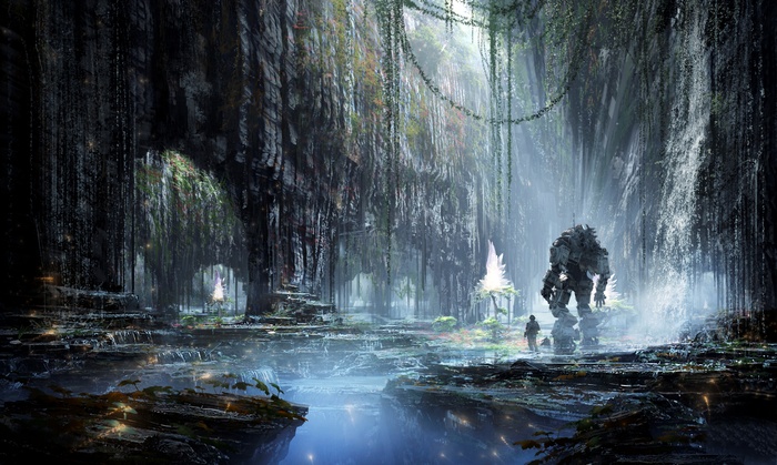 Titanfall robot and person in a cave with waterfalls