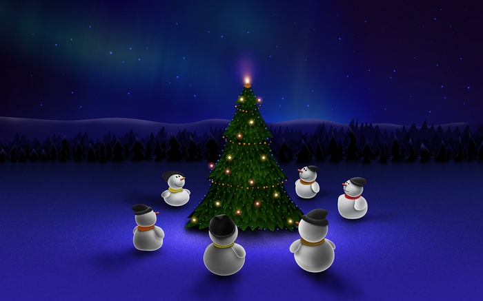 Snowmen gathered around a Christmas tree at night