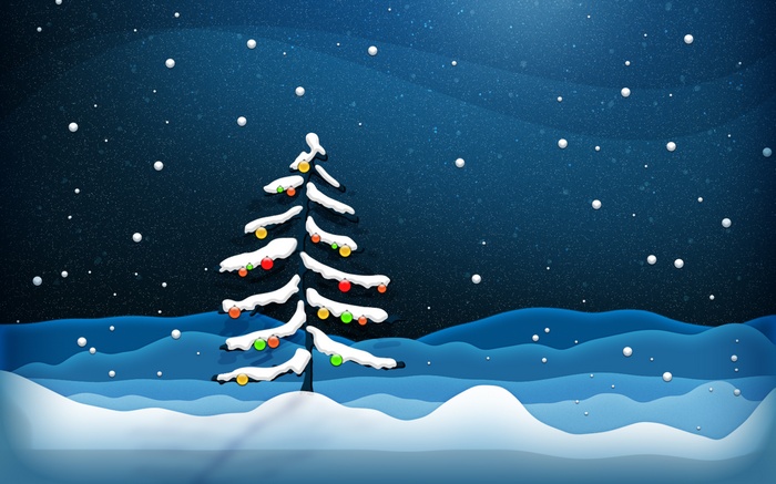 Christmas tree with ornaments in a snowy landscape