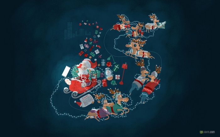 Santa Claus and Reindeer Delivering Gifts with Christmas Lights