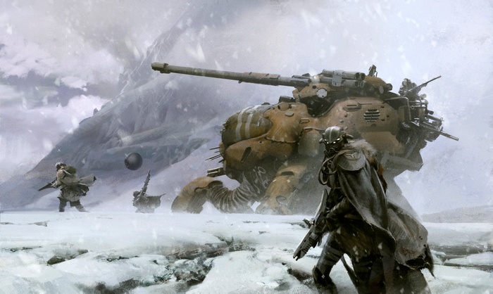 Soldiers and a tank in a snowy landscape