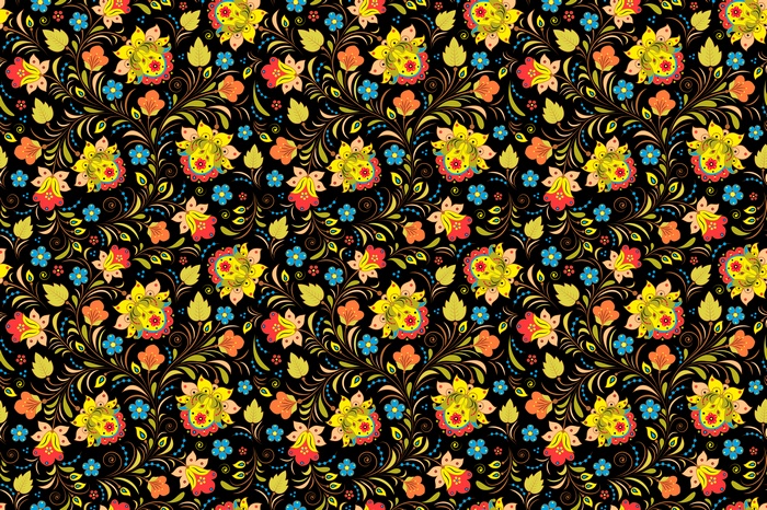 Khokhloma floral pattern on black background