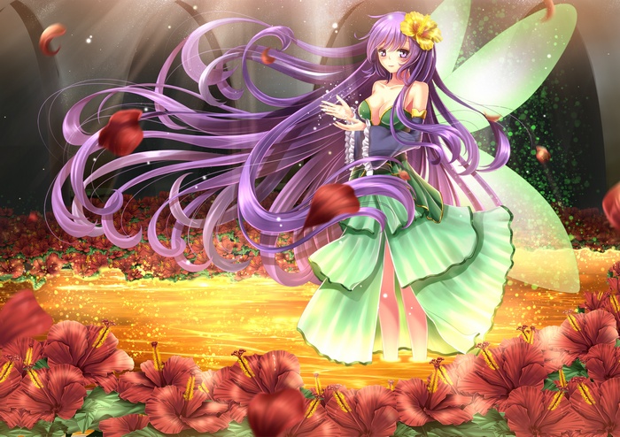 Anime fairy girl with purple hair and wings in a flower field
