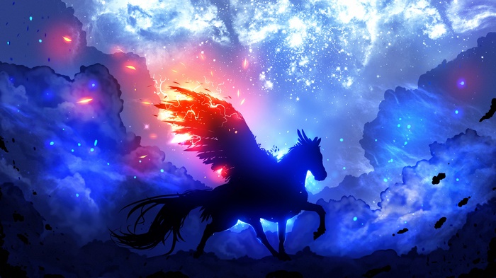 Silhouette of a Pegasus with fiery wings in a starry sky