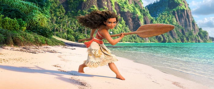 Moana running on a beach with a paddle