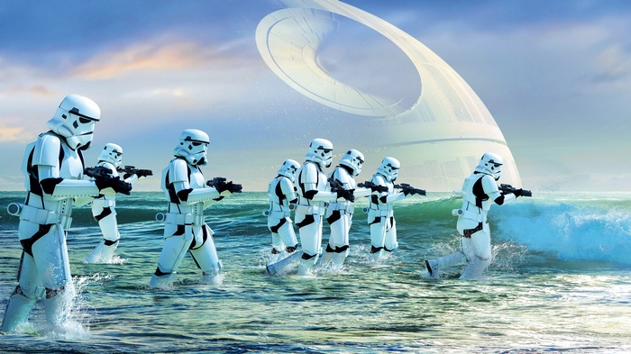 Stormtroopers from Rogue One: A Star Wars Story on a beach