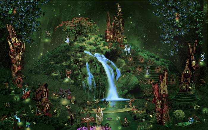 Enchanted Forest Village with Fairies and Waterfall