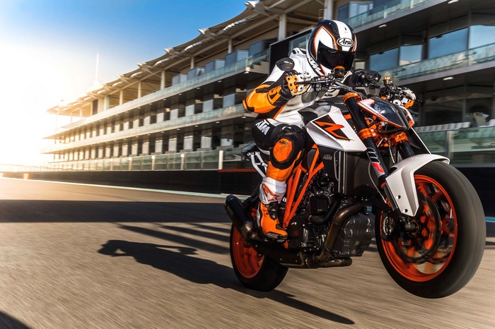 KTM 1290 Super Duke R motorcycle stunt on a race track