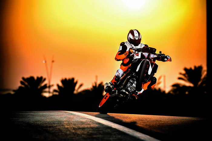 KTM 1290 Super Duke R stunt at sunset