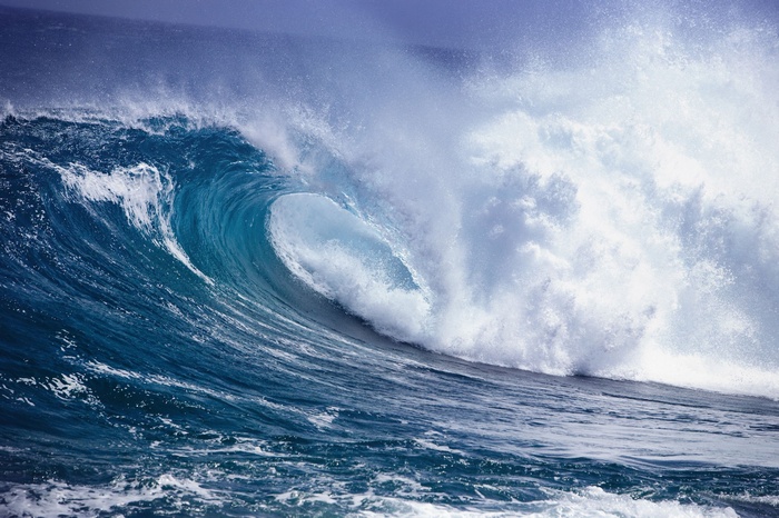 A powerful ocean wave crests and breaks