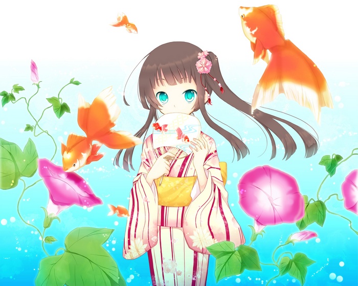 Anime girl in kimono with goldfish and flowers