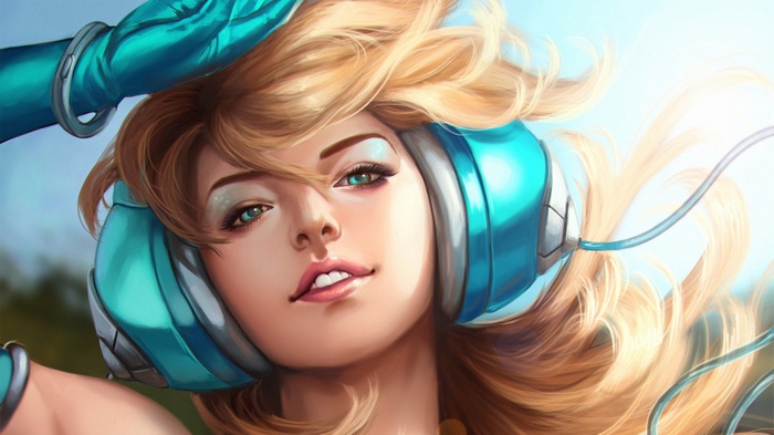 Blonde girl with headphones listening to music