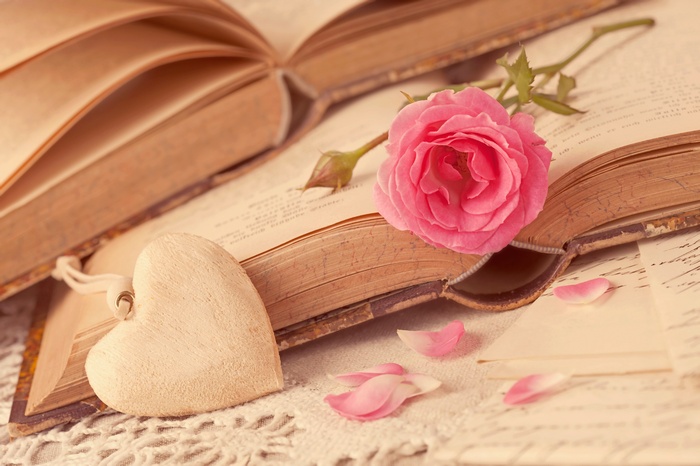 Pink rose and heart on books