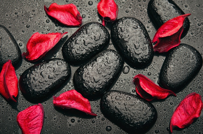 Black stones with red petals and water droplets 4K