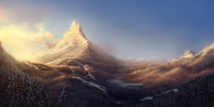 Digital painting of a sunlit mountain range in winter