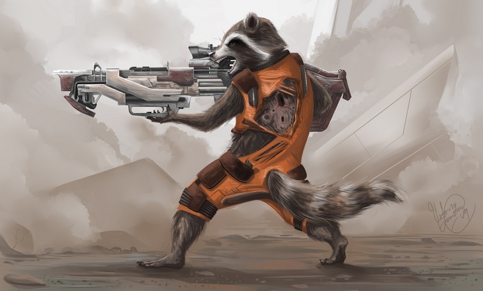 Rocket Raccoon from Guardians of the Galaxy with a large weapon