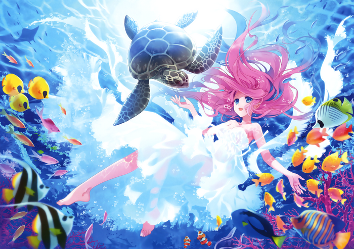 Mermaid with Turtle and Fish Underwater