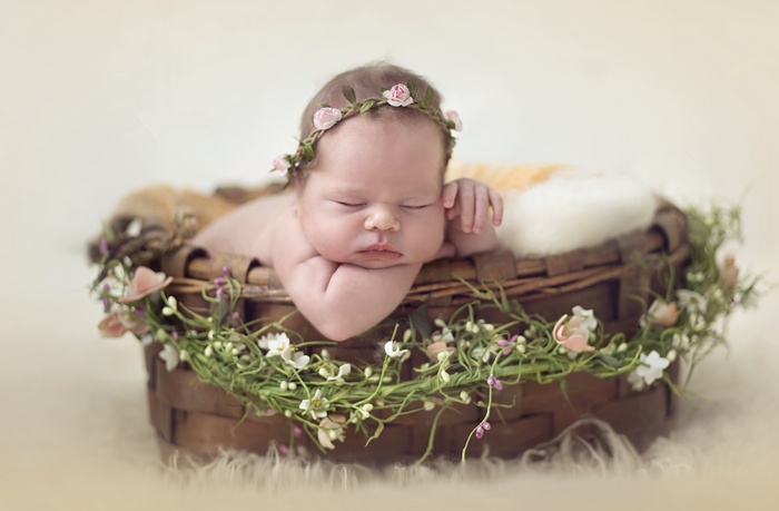 Newborn baby girl sleeping in a basket with flowers