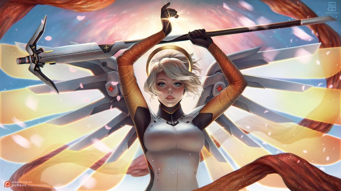 Mercy from Overwatch holding her Caduceus Staff