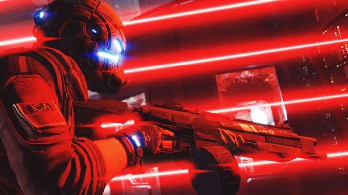 Soldier with rifle in red light